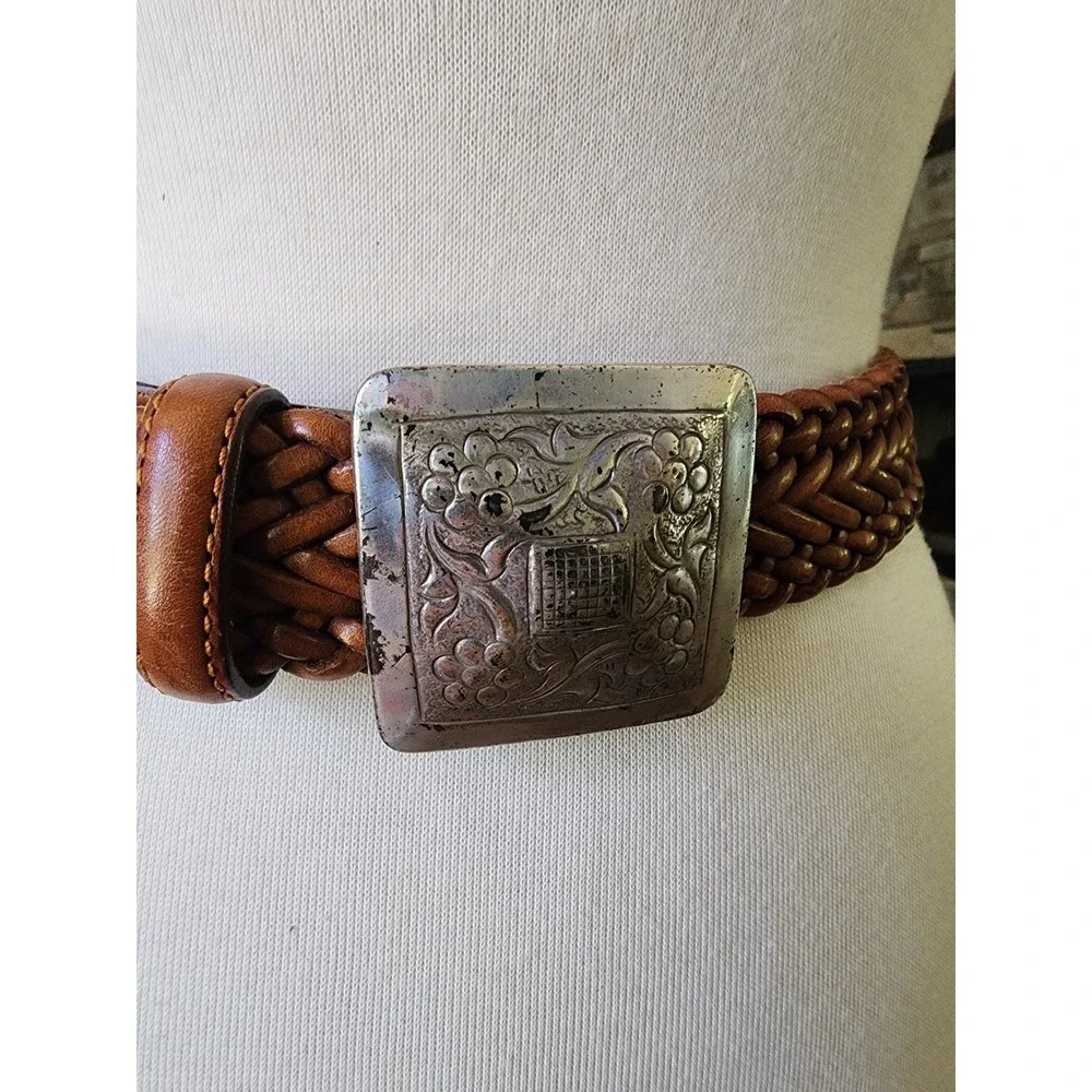 Cognac Brown Braided Leather Belt Silver Floral‎ Engraved Square Buckle Small 34